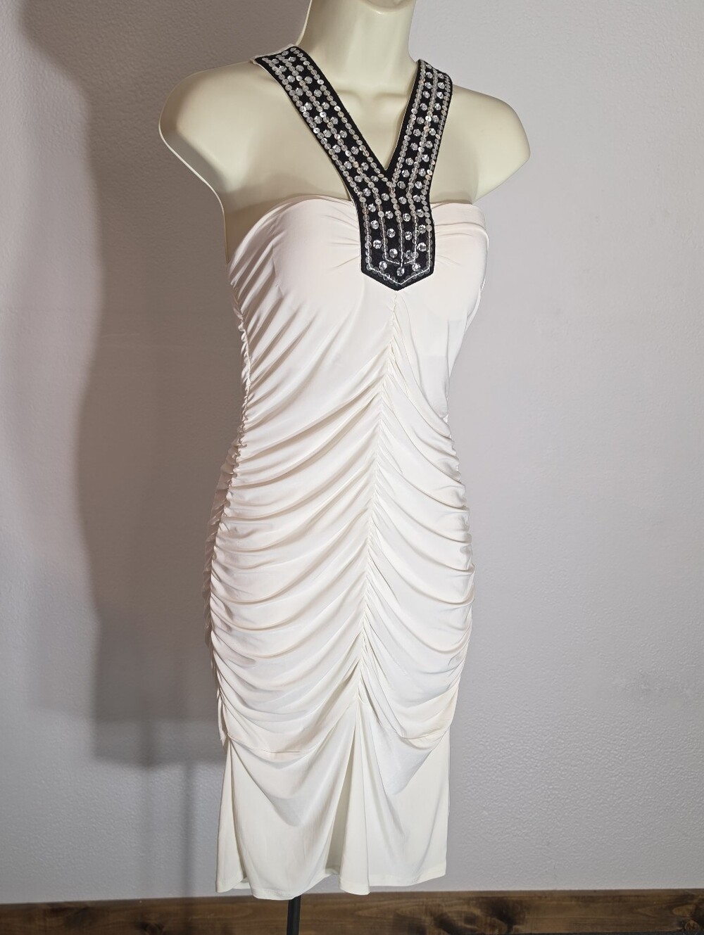 Savannah Studio Dress Sequined Ruched Cream Size L - Picture 6 of 13